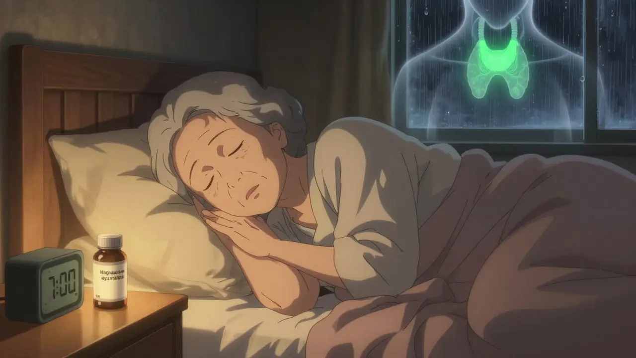 Elderly woman sleeping with magnesium bottle and glowing thyroid symbol at night.