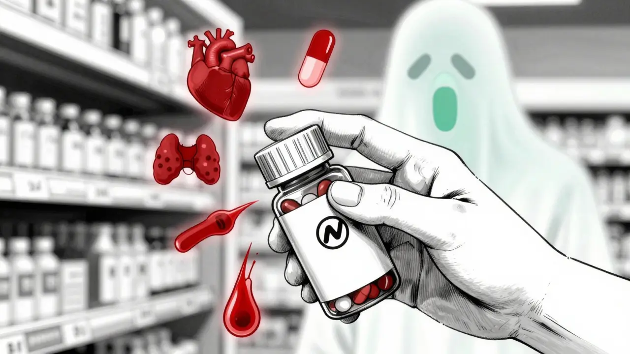 Hand holding pill bottle with changing manufacturer label, ghostly image of old pill fading away.