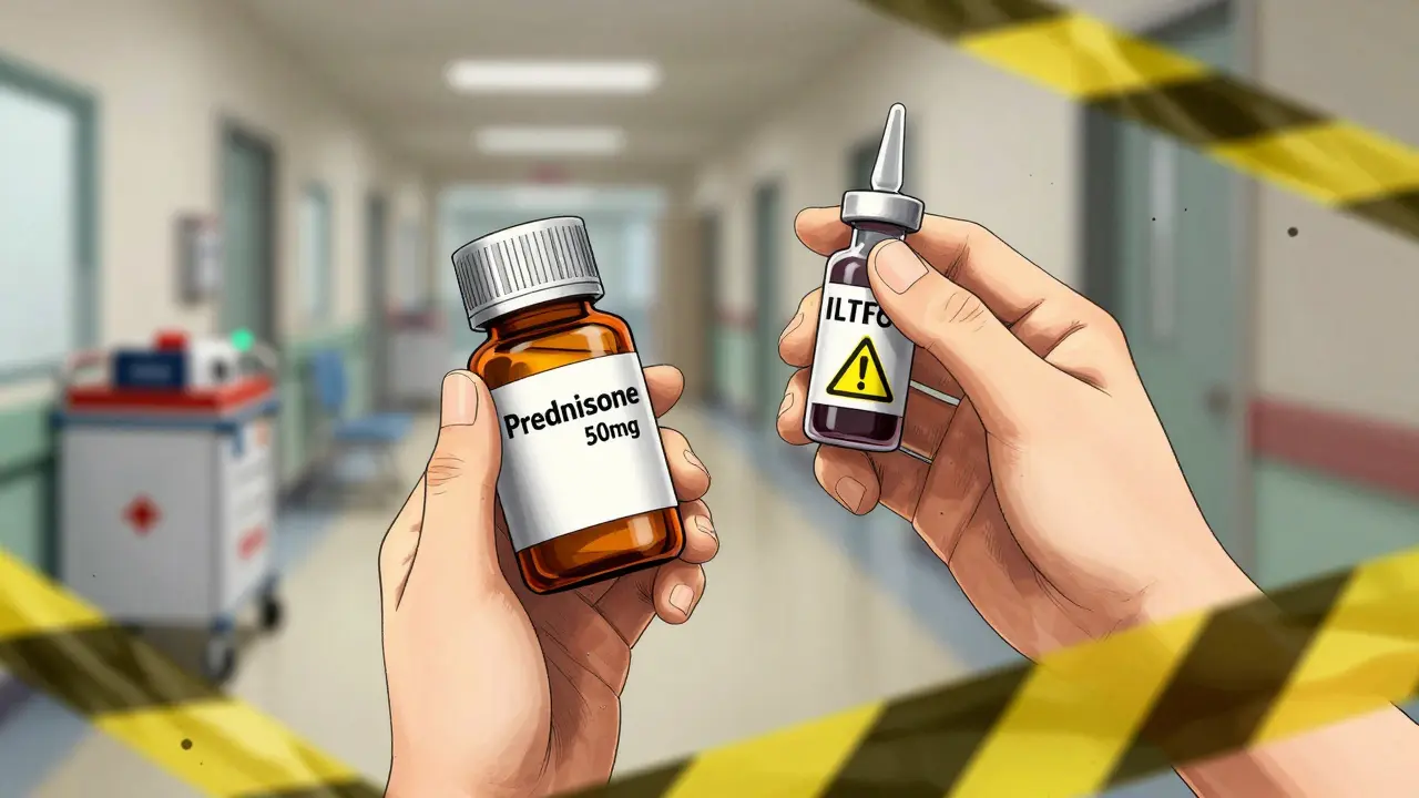 Hands holding prednisone pills and contrast dye vial, with emergency equipment blurred in background.