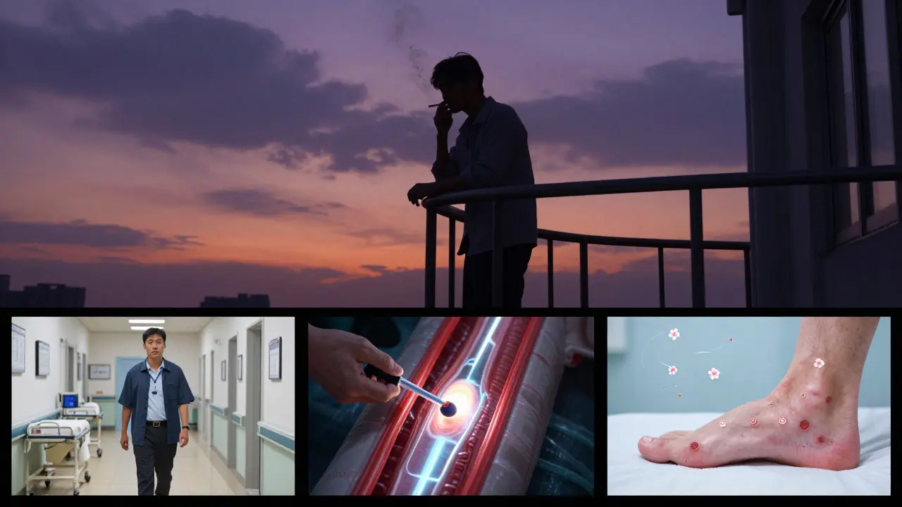 Man on hospital balcony with images of walking therapy, stent procedure, and healing wound.