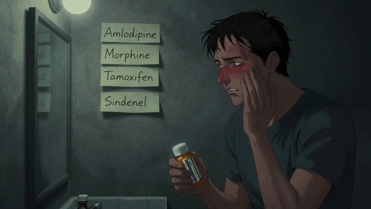 Man staring at mirror with flushed face, holding antihistamine, medication notes on wall behind.