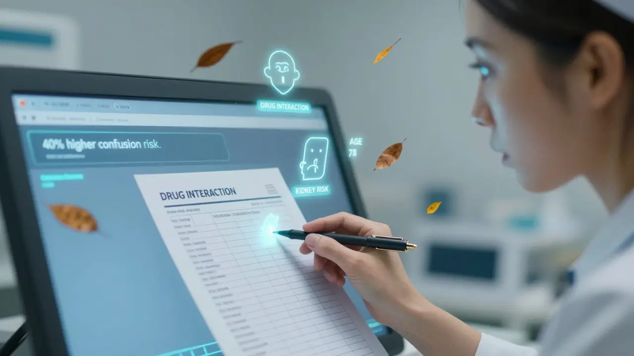 Nurse facing digital alert overload, AI offering precise safety warning in background.