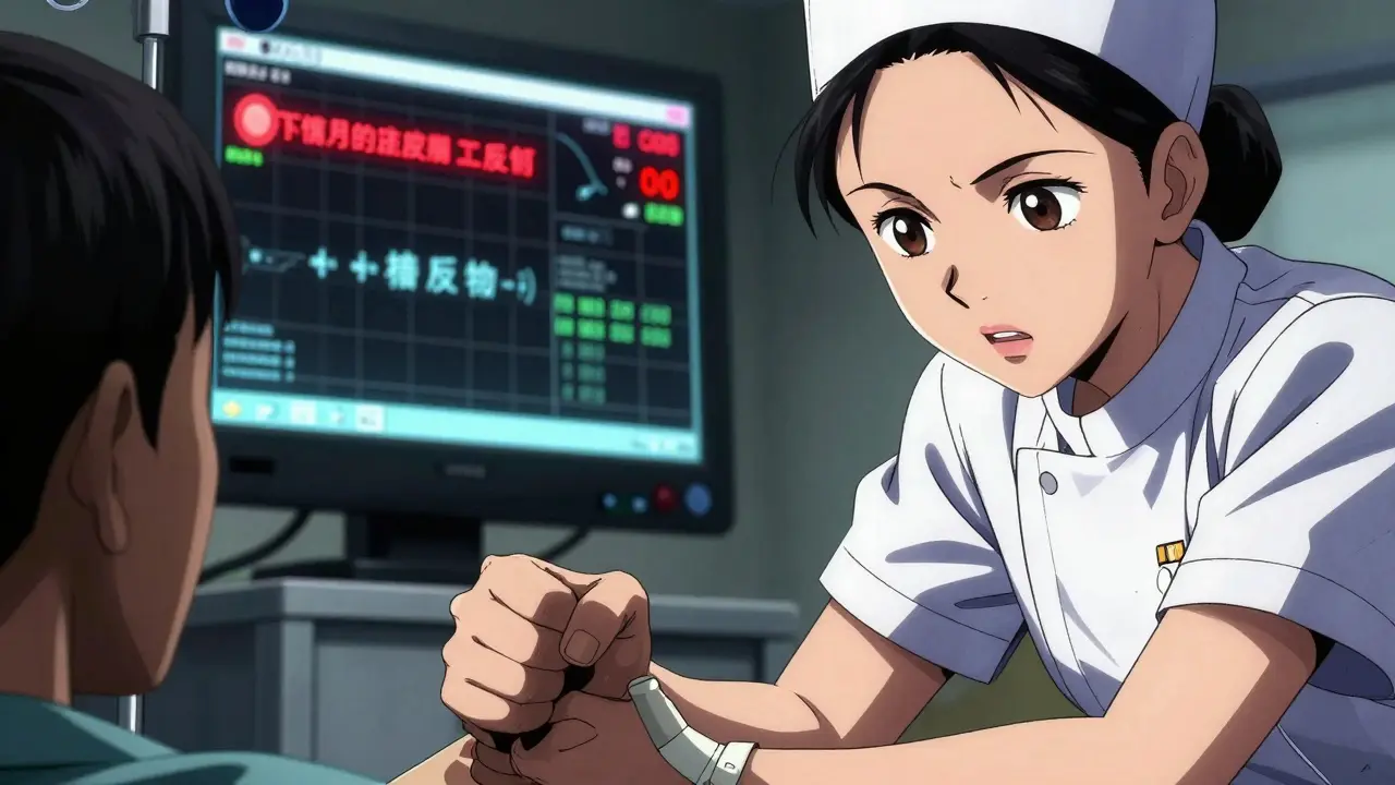 Nurse giving IV steroid to patient with EHR alert visible in background.