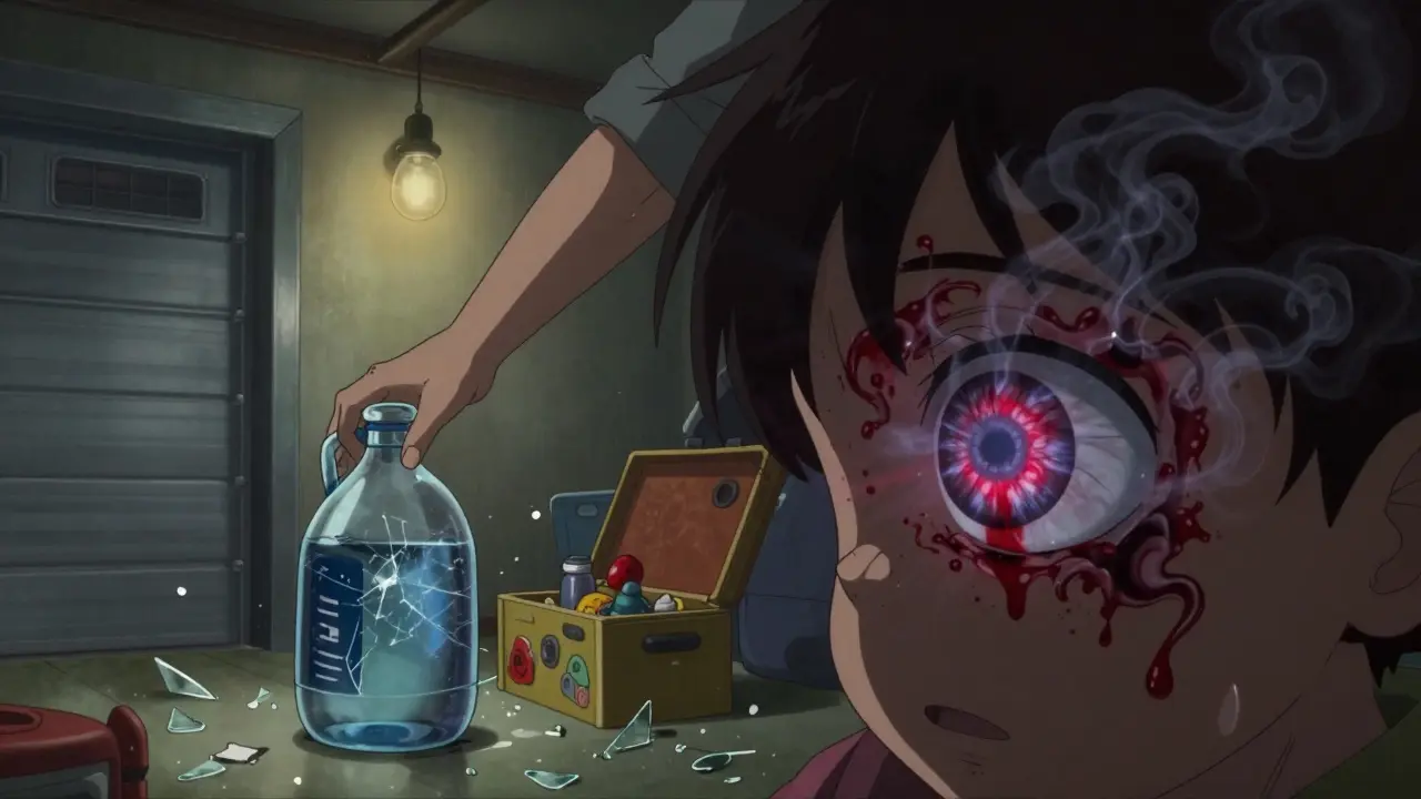 Parent reaching for water as child’s eye glows with chemical burn, dark spill on floor nearby.