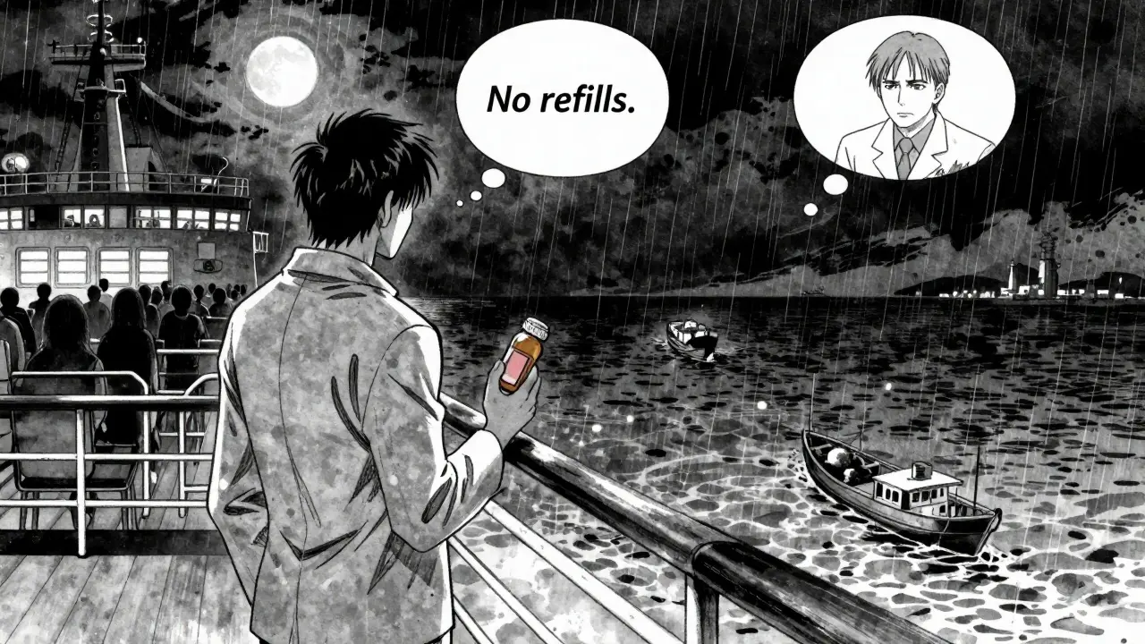 Passenger on a dark cruise deck holding an empty pill bottle under a moonlit sky.