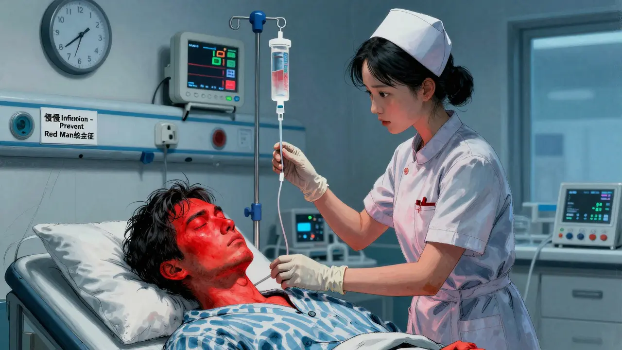 Patient receiving slow IV drip, face and neck red with flushing, nurse nearby in hospital room.