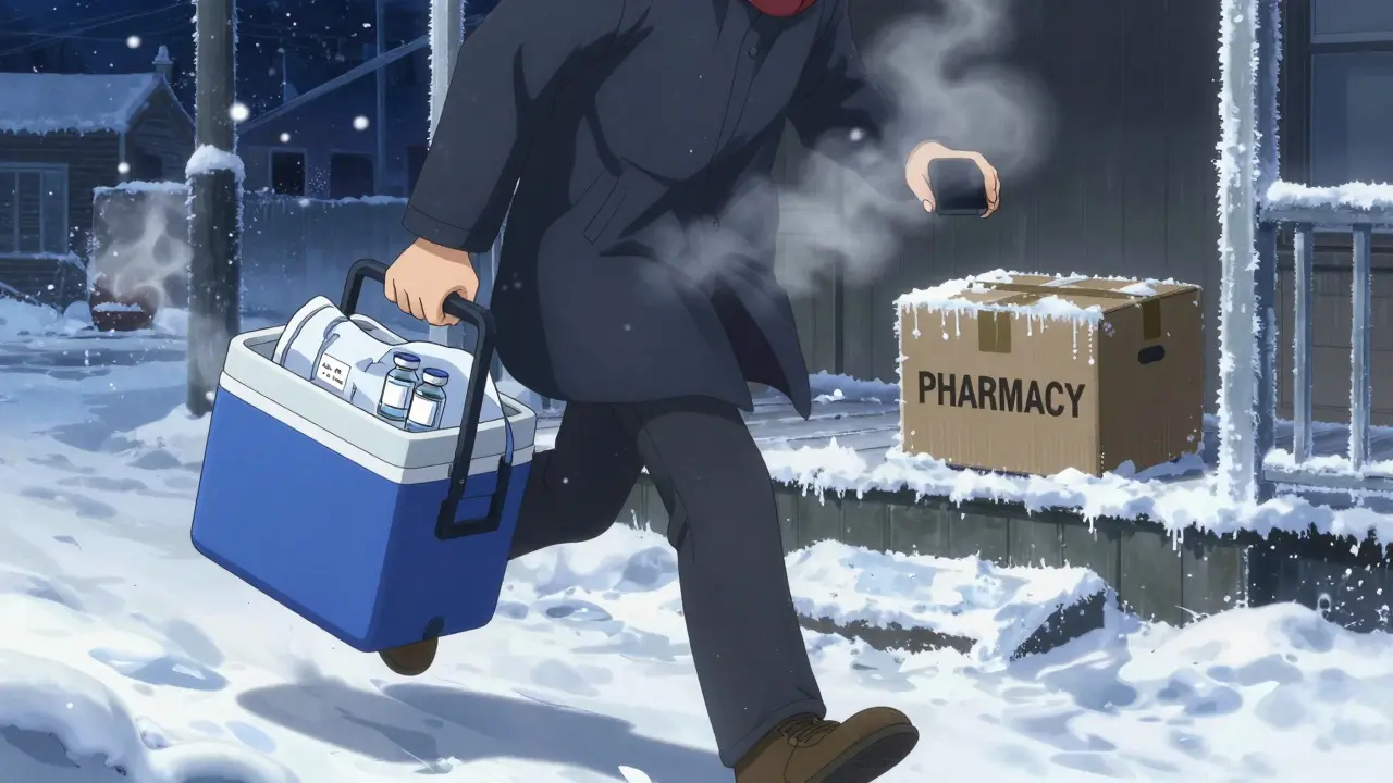 Person retrieving vaccine vials from coat pocket on freezing night, delivery box abandoned on porch.