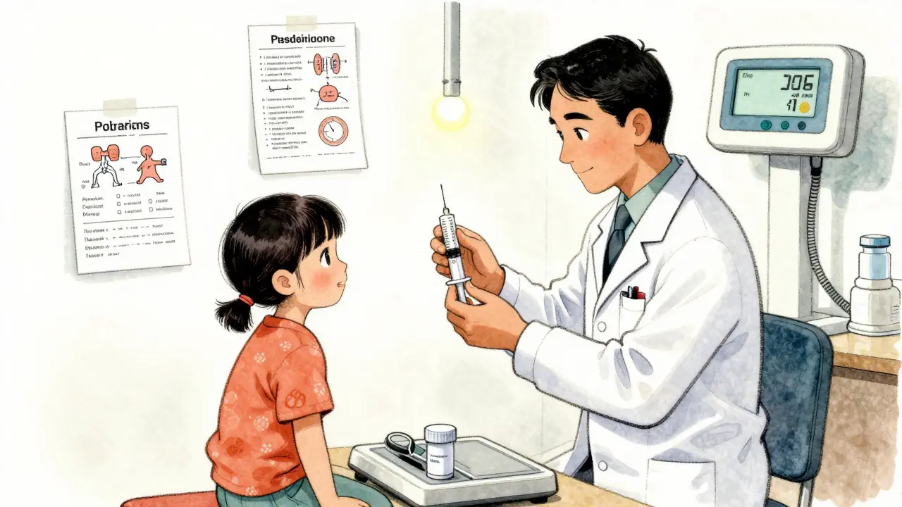 Pharmacist verifying weight-based pediatric dose of antiemetic medication.