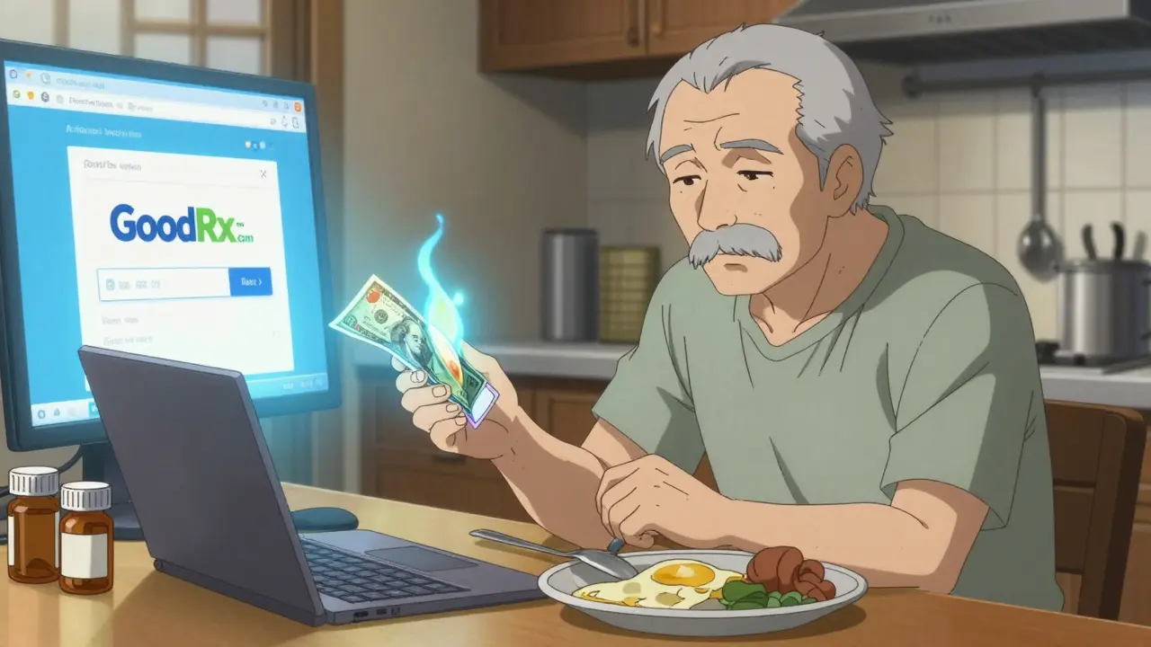 Senior man at kitchen table comparing drug prices on laptop, pharmacist offering generic alternative.