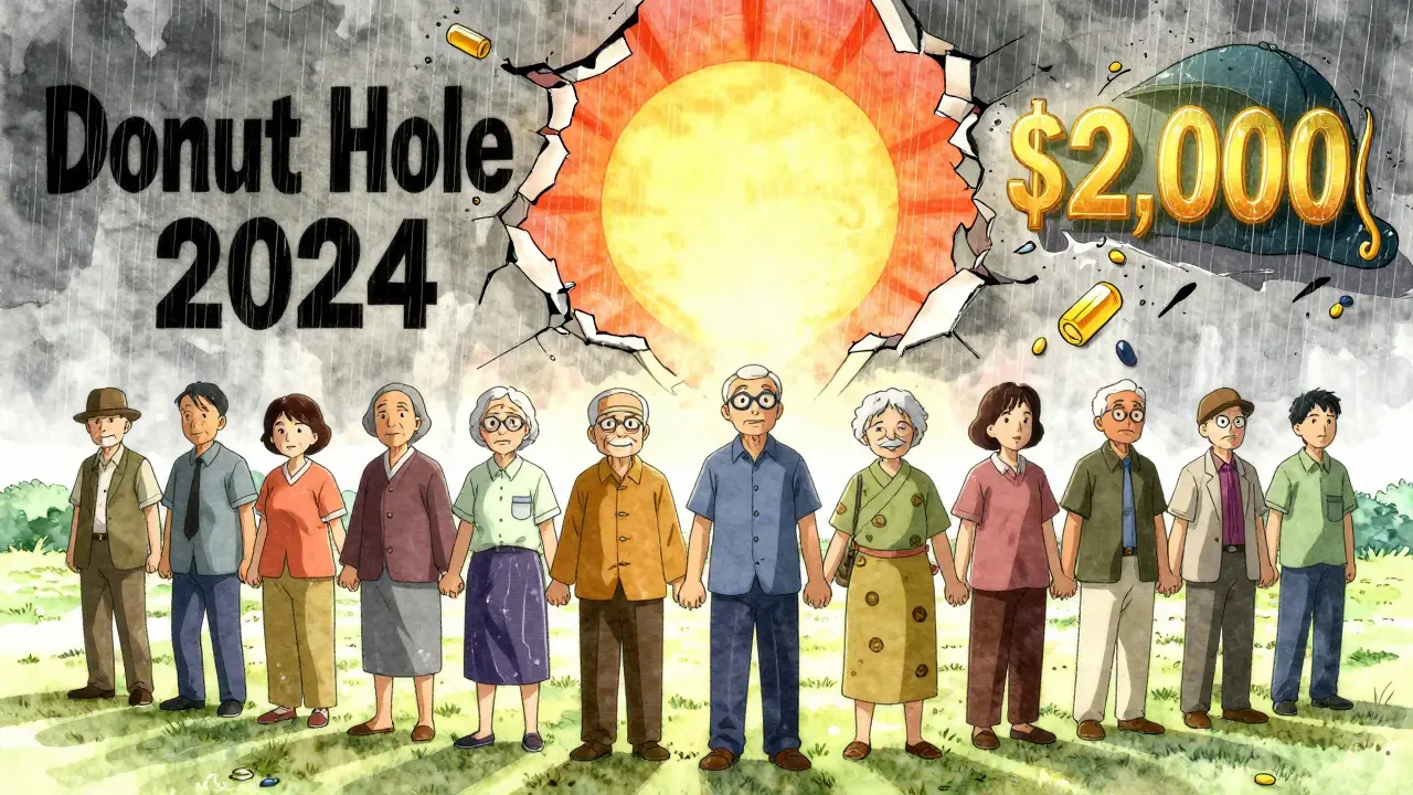 Seniors standing together as donut hole wall crumbles, sunrise with ,000 cap sign glowing ahead.