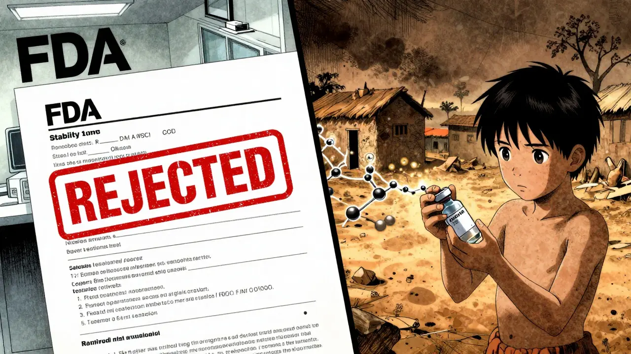 Split scene: FDA rejection stamp on one side, child with broken vaccine on the other, molecular decay connecting them.