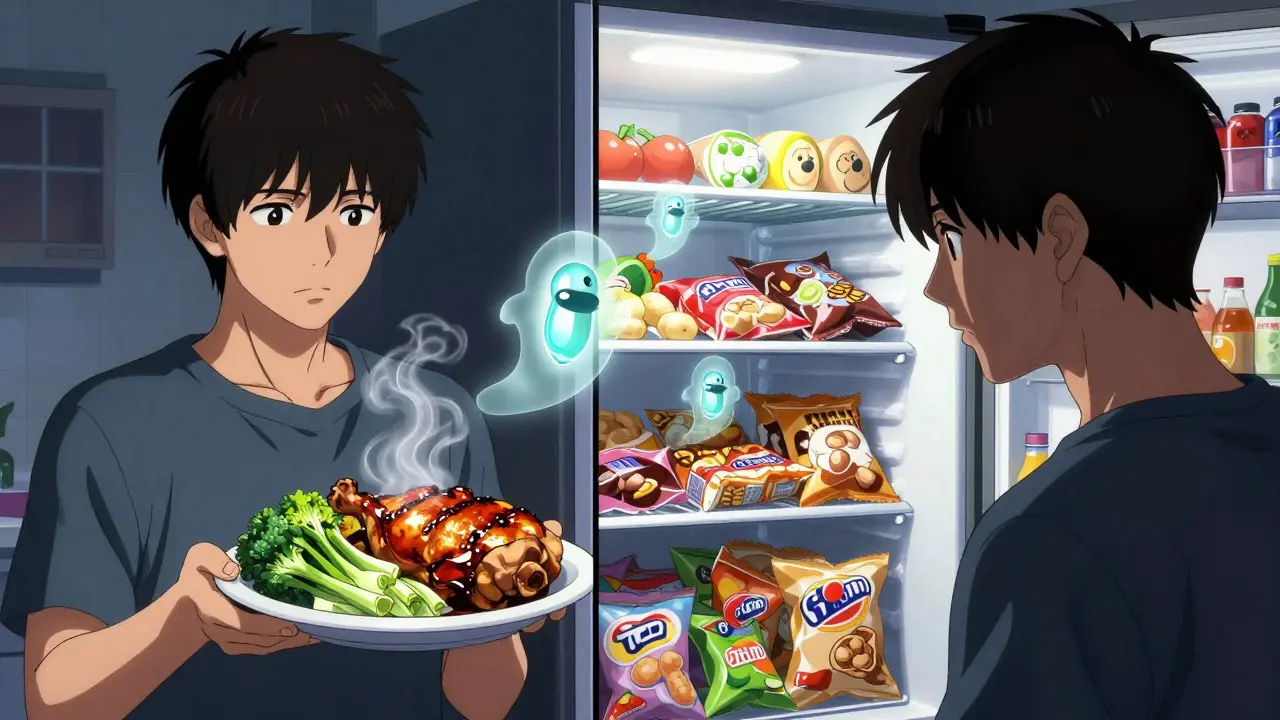 Split scene: one side shows healthy eating, the other shows craving snacks, with floating hunger hormones.