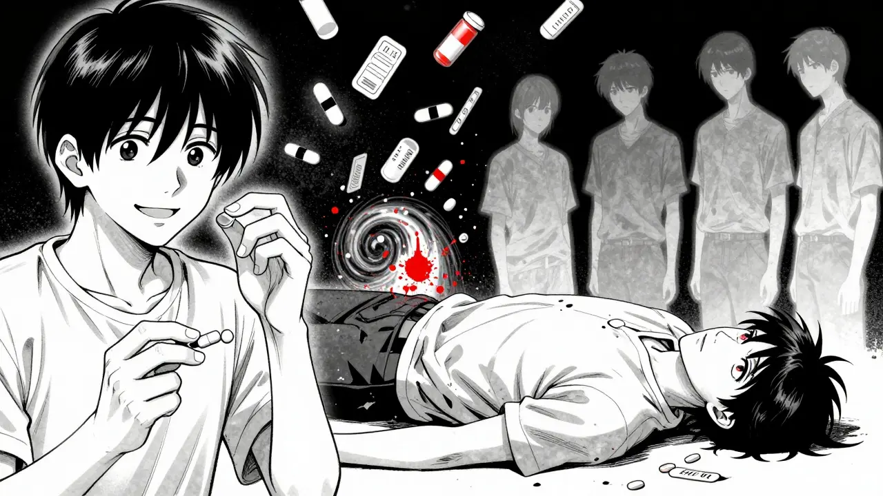 Split scene: person taking old dose vs. collapsed from overdose, ghostly figures watching, pharmaceutical symbols fading in background.
