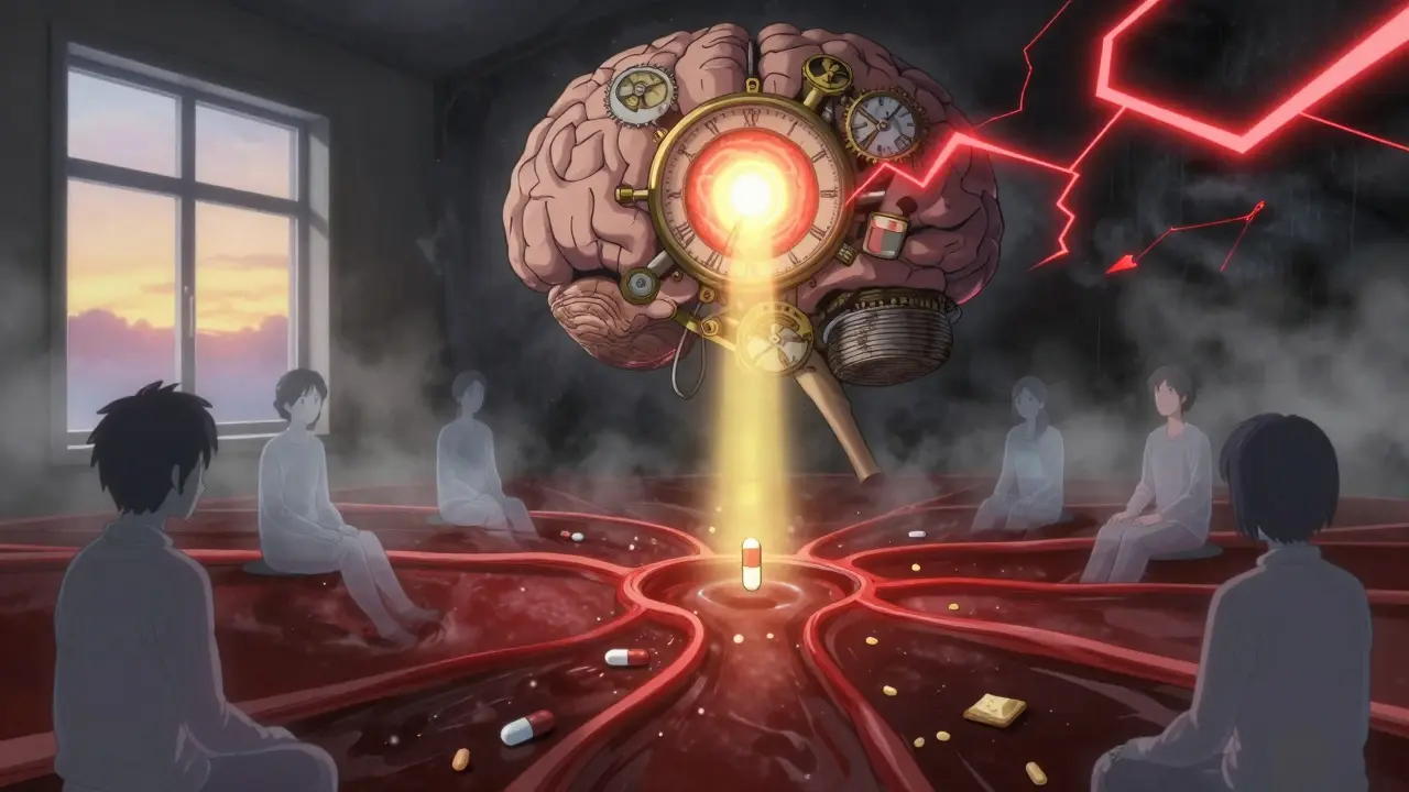 Symbolic brain with hypothalamus calming stormy stress signals as dawn breaks.