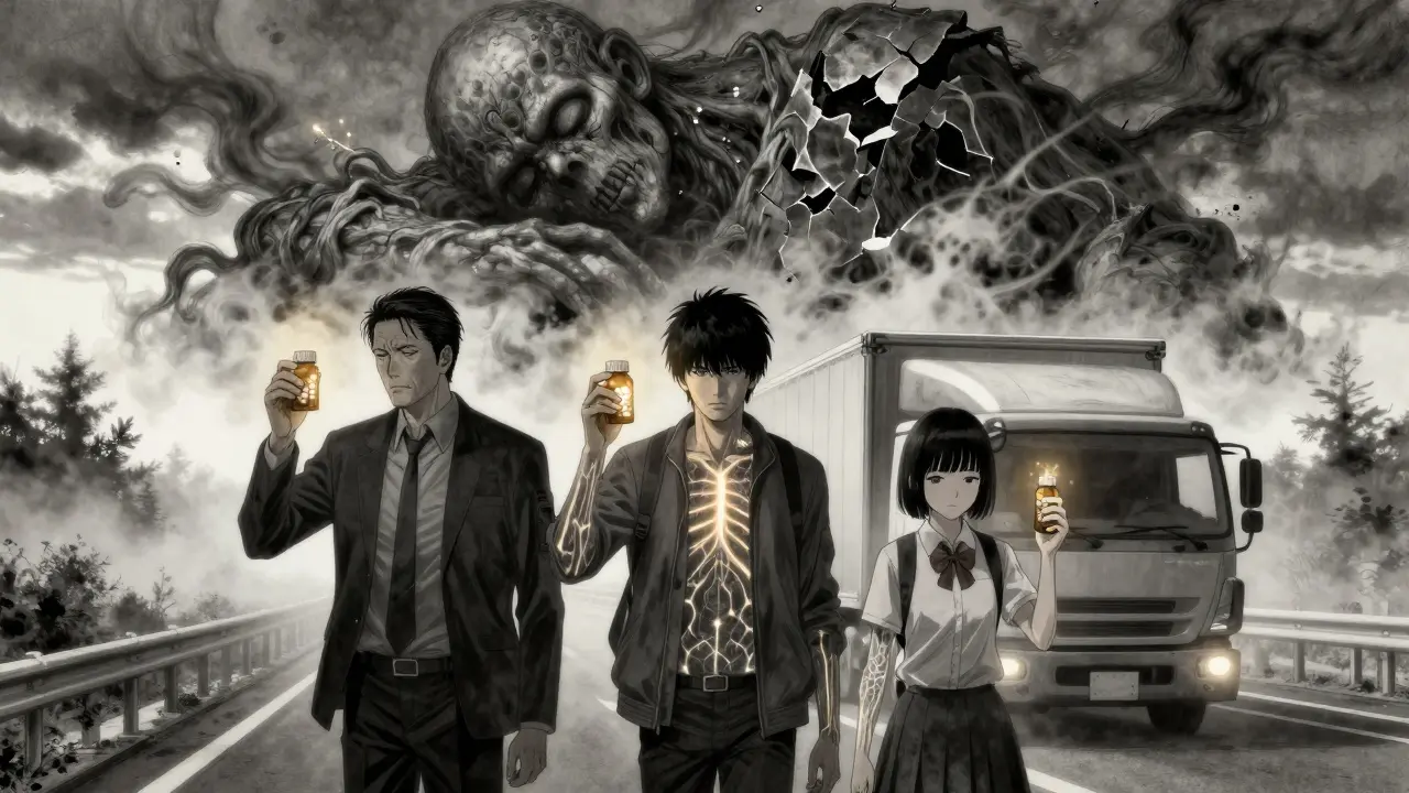 Three people on a highway at dawn, holding pill bottles that emit wakefulness light, with a fading sleep monster behind them.