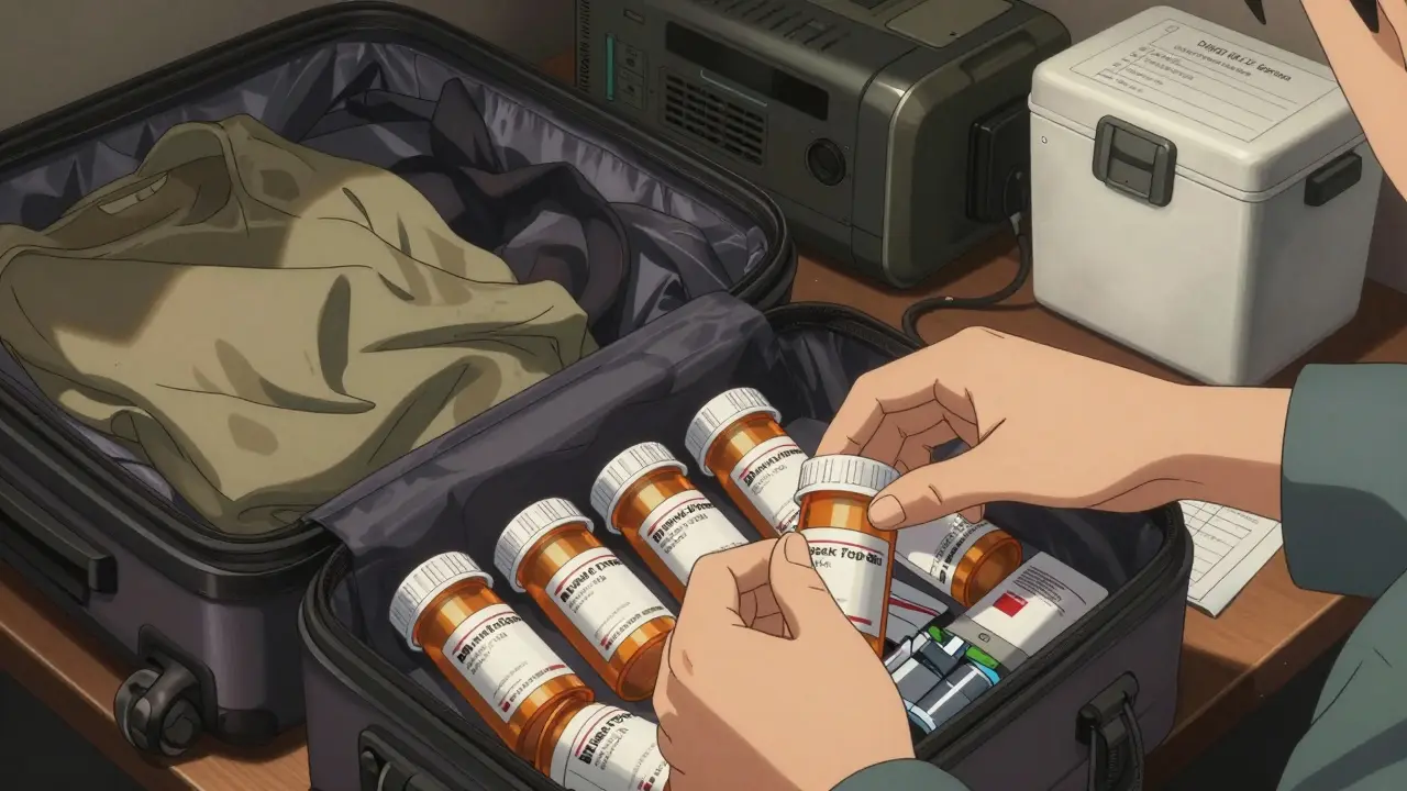 Traveler packing labeled prescription bottles and medical devices into a carry-on bag.