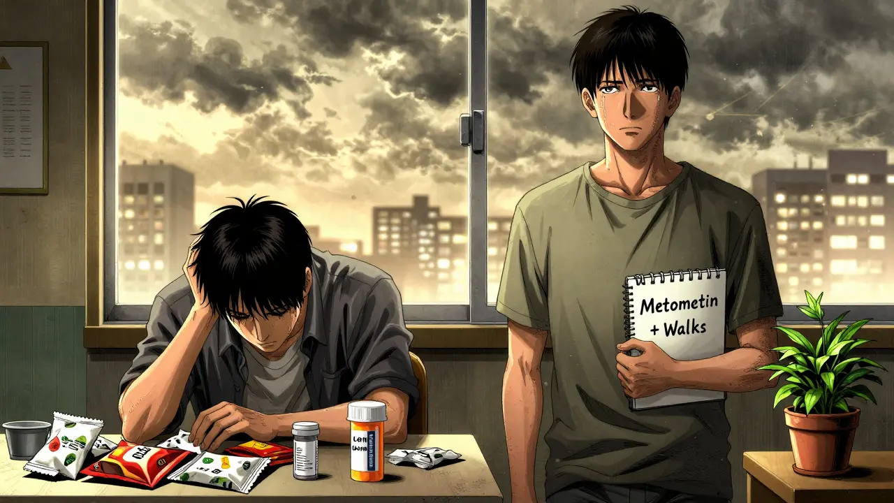 Two contrasting figures show the struggle and hope of managing weight gain from psychiatric meds, one overwhelmed, one empowered.
