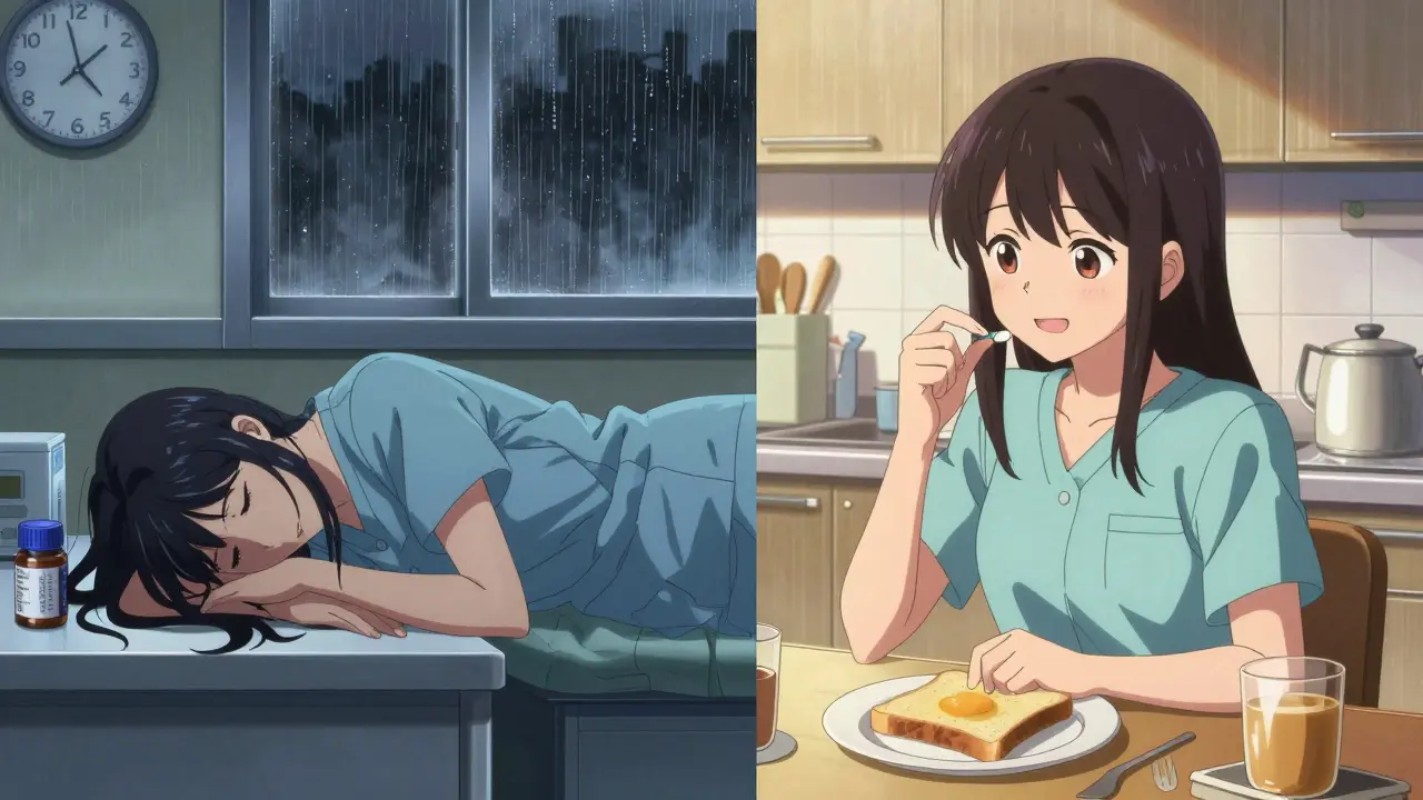 Woman exhausted after night shift, contrasting with earlier routine of taking medication.