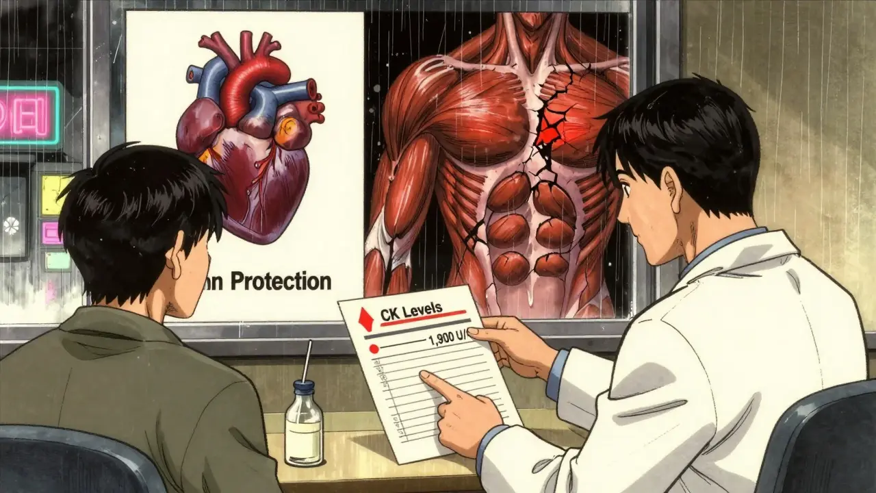 A doctor points to a blood test showing high CK levels, with a split image of a protected heart and damaged muscle.
