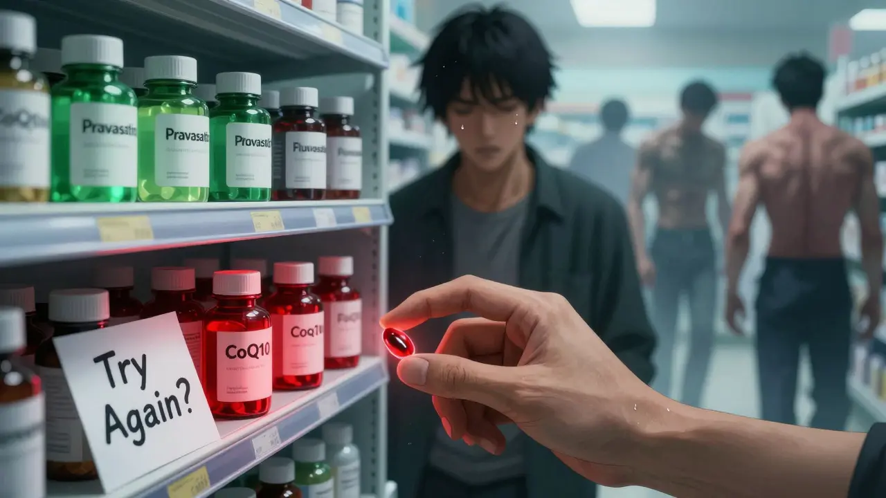 A hand reaches for a CoQ10 capsule beside statin bottles, some glowing red and others green in a pharmacy setting.