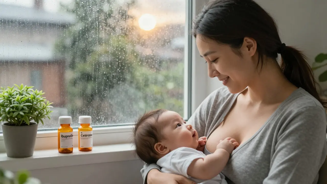 A mother nurses peacefully as safe medications sit beside her by a sunlit window.