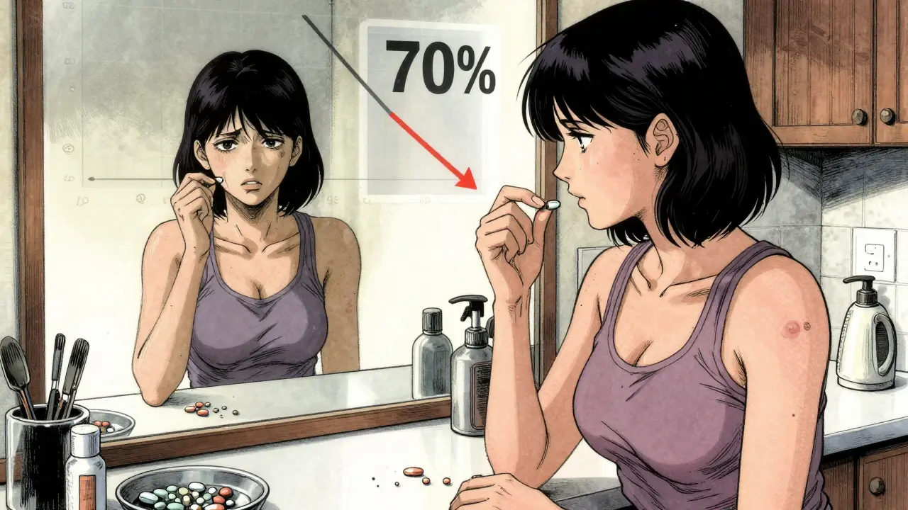 A woman taking daily antiviral pills, her reflection showing past pain and present strength, with a graph showing reduced outbreaks.