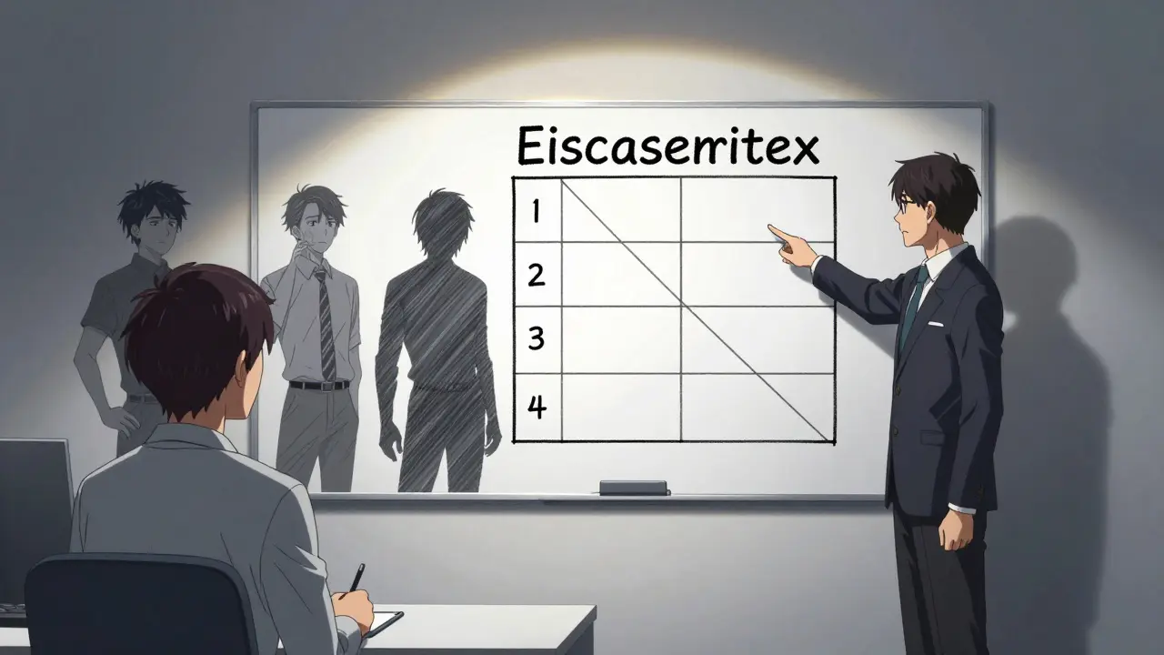 An ADHD coach and client reviewing the Eisenhower Matrix on a whiteboard with symbolic shadow versions of the client.