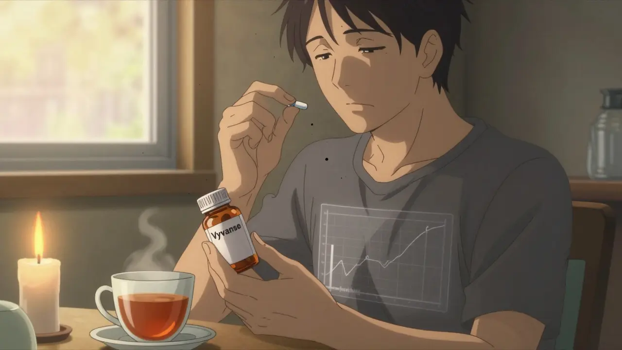 An adult taking ADHD medication at dawn with a lit candle and tea, accompanied by a subtle graph of improved focus.