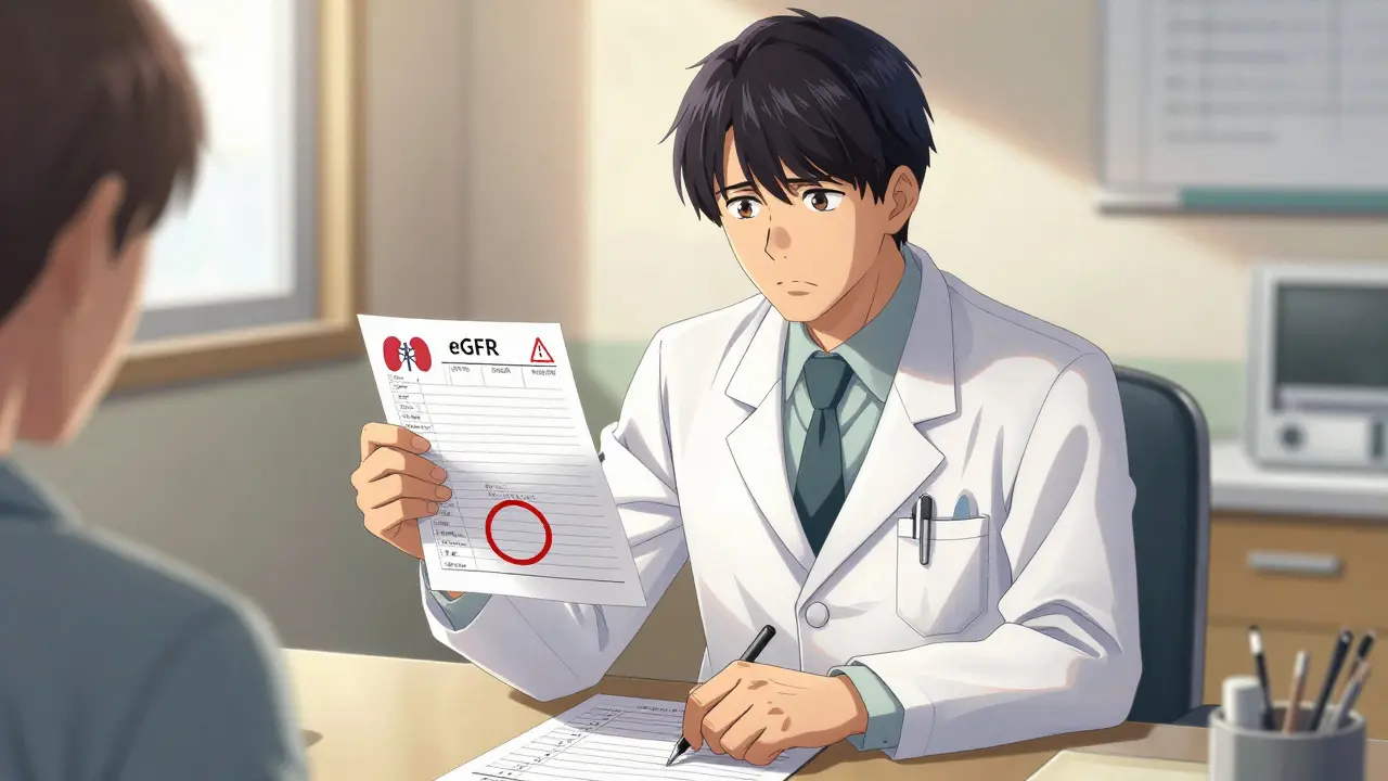 Doctor hesitating while writing prescription for metformin in clinic.