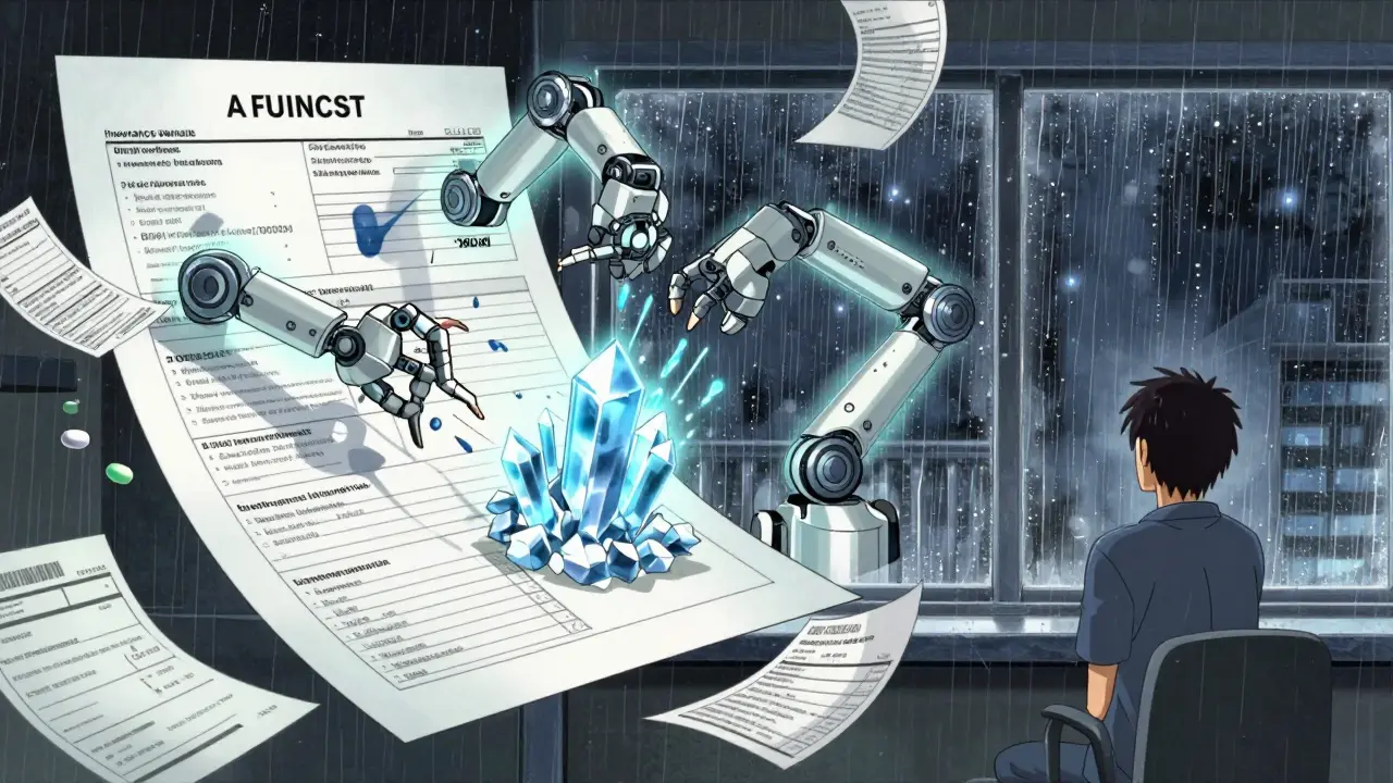 Medical paperwork storm with drug mechanisms fighting uric acid crystals, symbolizing access barriers in anime style.