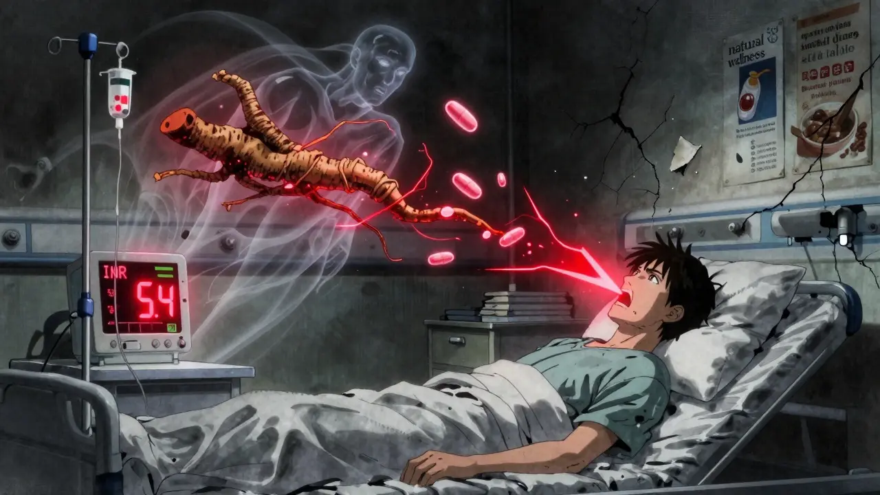 Patient in hospital with flashing INR reading and colliding herbal and drug symbols.