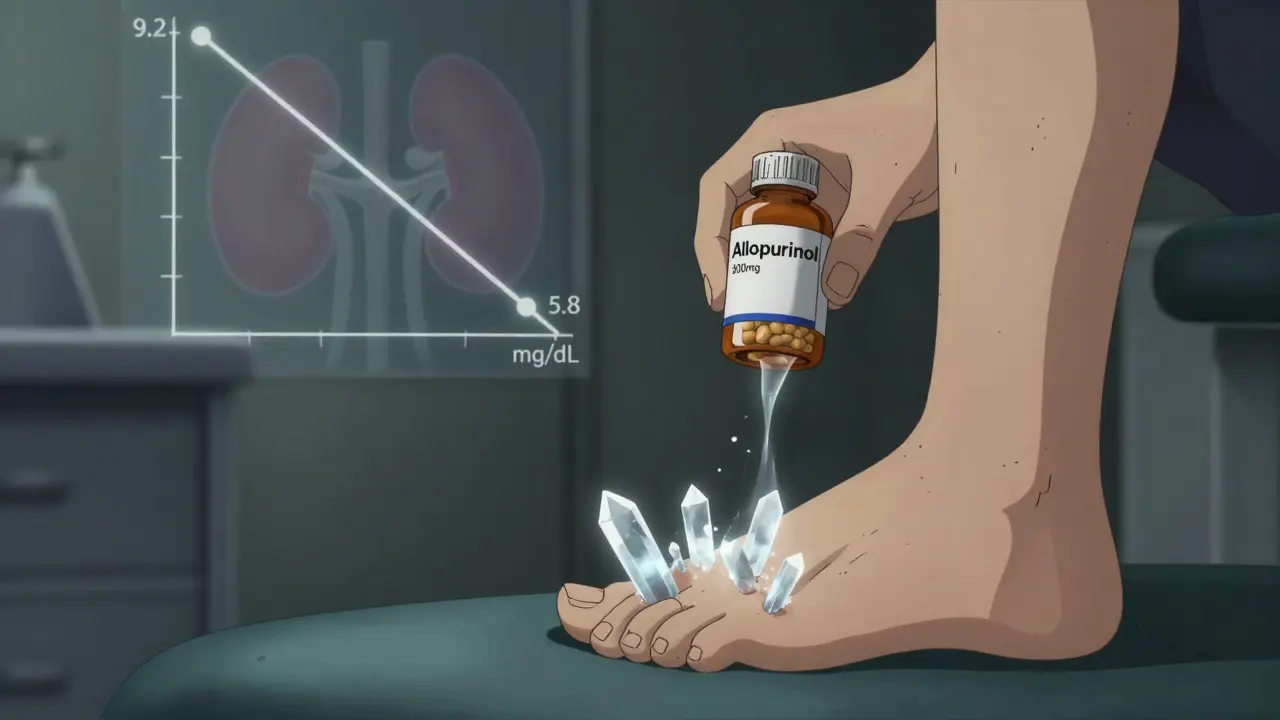 Patient with gout crystals dissolving as uric acid levels drop, holding allopurinol pill under moody clinic lighting.