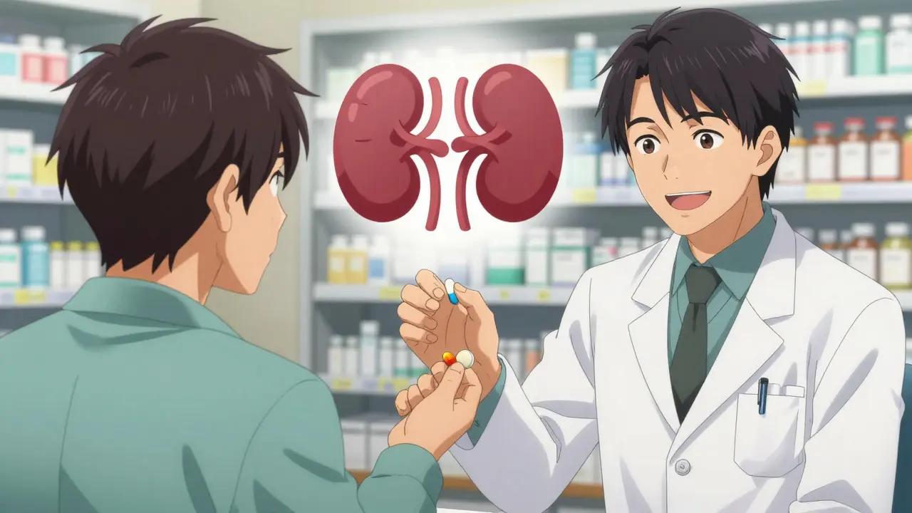 Pharmacist handing two diabetes pills to patient with kidney symbol.