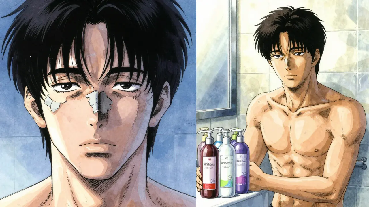 Side-by-side comparison of flaky skin improving after using medicated shampoos in rotation.