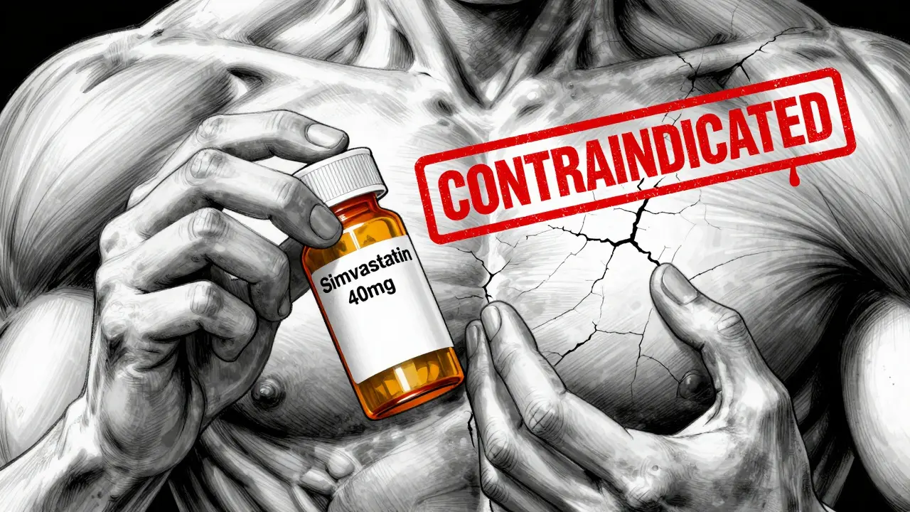 Trembling hands holding conflicting prescriptions with a bold 'CONTRAINDICATED' stamp and cracking muscle fibers.