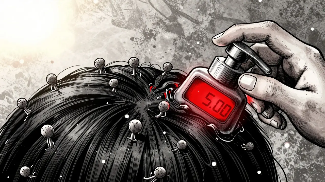 Yeast overgrowth on scalp with shampoo timer and seasonal sunlight fading in background.