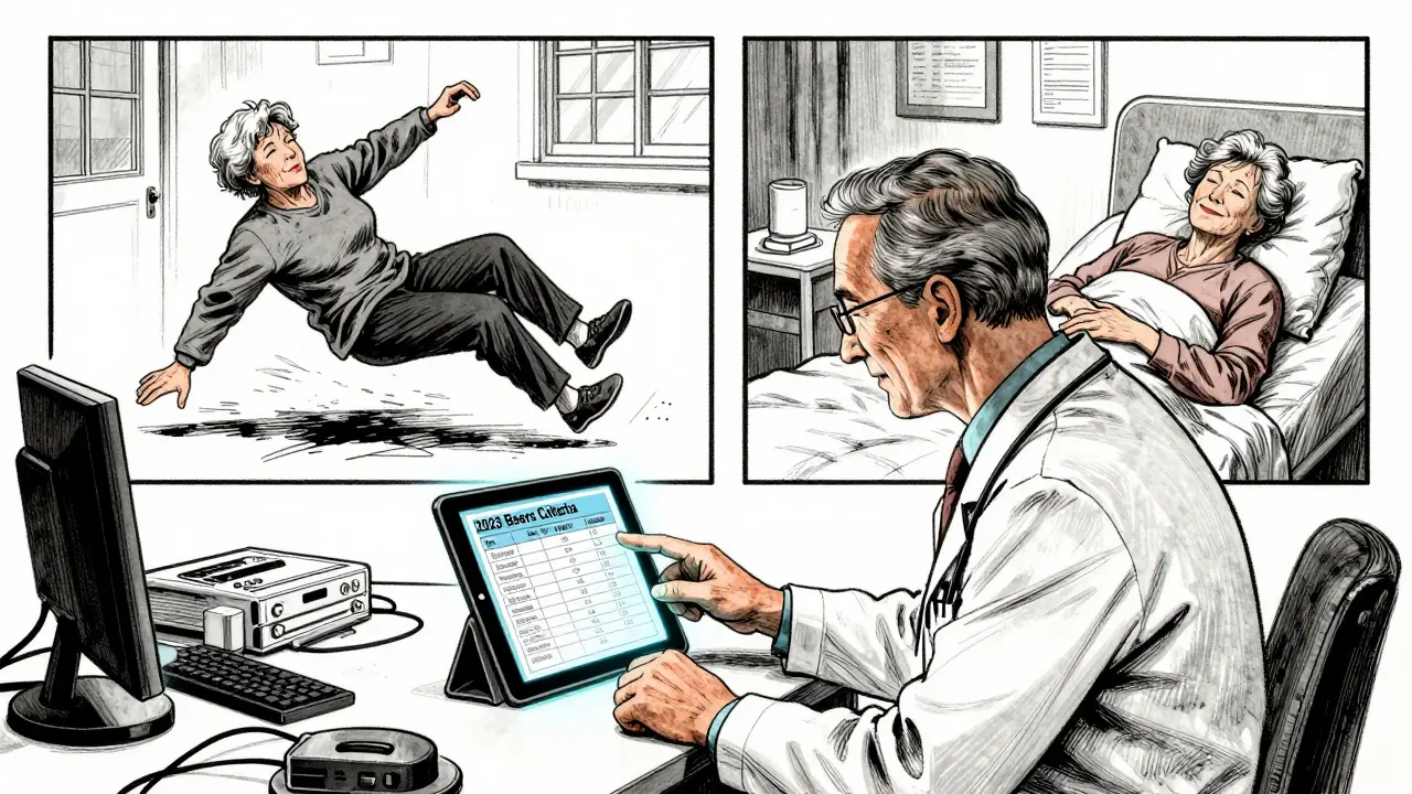 A geriatrician showing Beers Criteria on a tablet, contrasting a fall incident with peaceful sleep therapy in gritty Gekiga style.