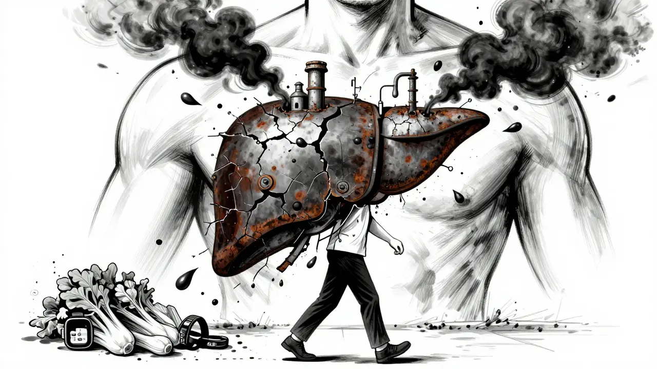 A liver depicted as a rusted factory spewing fat, contrasted with healthy lifestyle choices in the background.