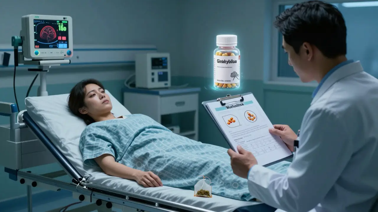 A patient in emergency room with brain hemorrhage monitor, ginkgo biloba bottle floating above medical chart.