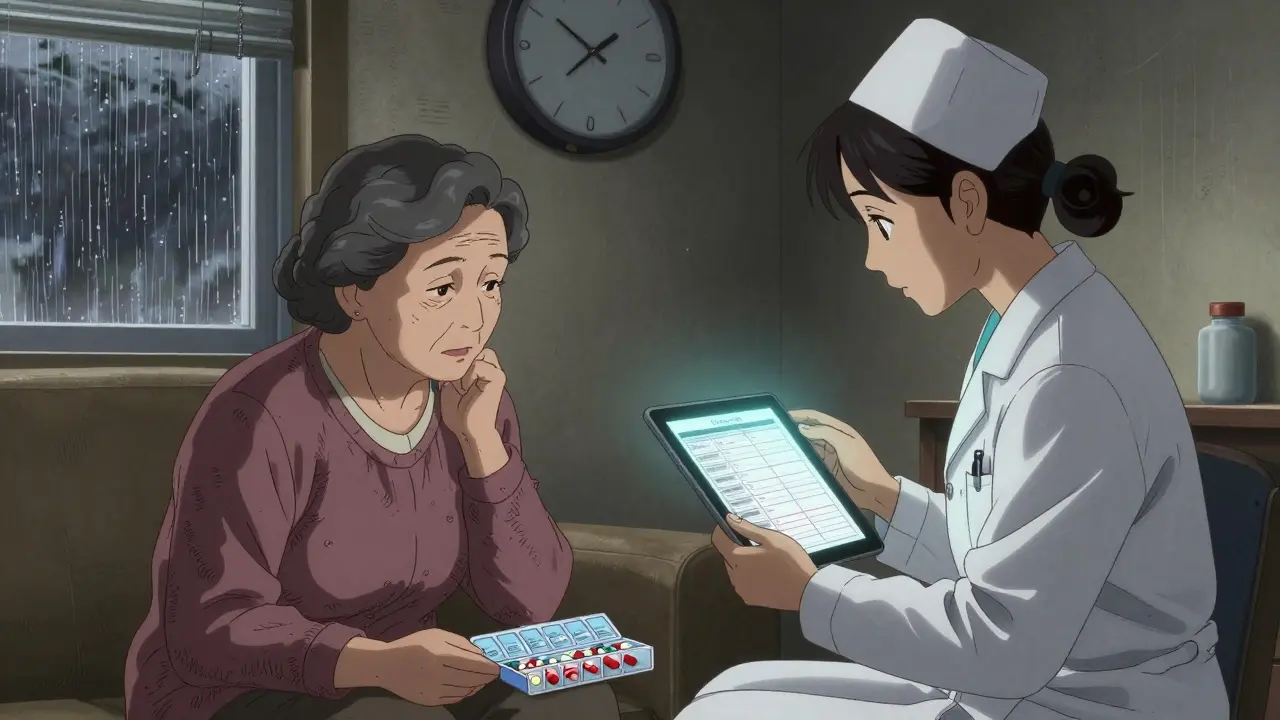 A pharmacist and nurse reviewing medication lists with an elderly woman, her pill organizer open, in a dimly lit living room.