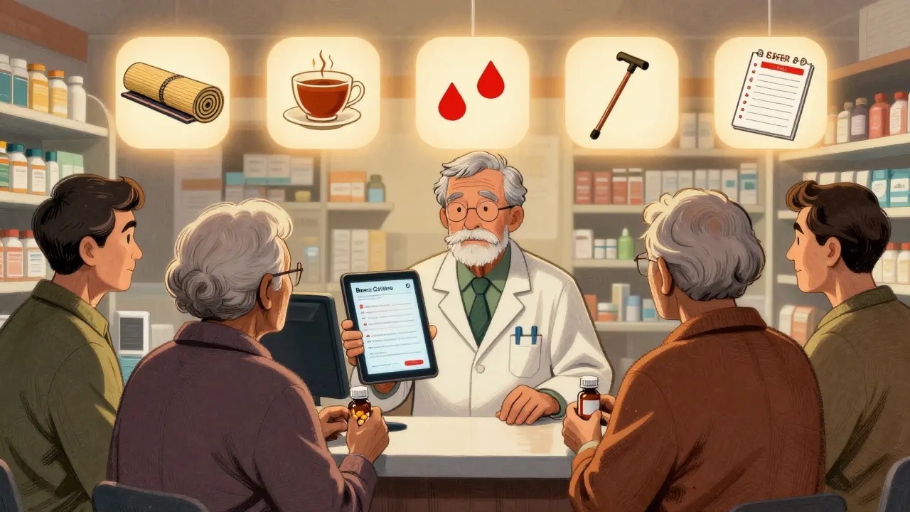 A pharmacist at a counter with elderly patients, glowing safer alternatives floating above cold red drug warnings.