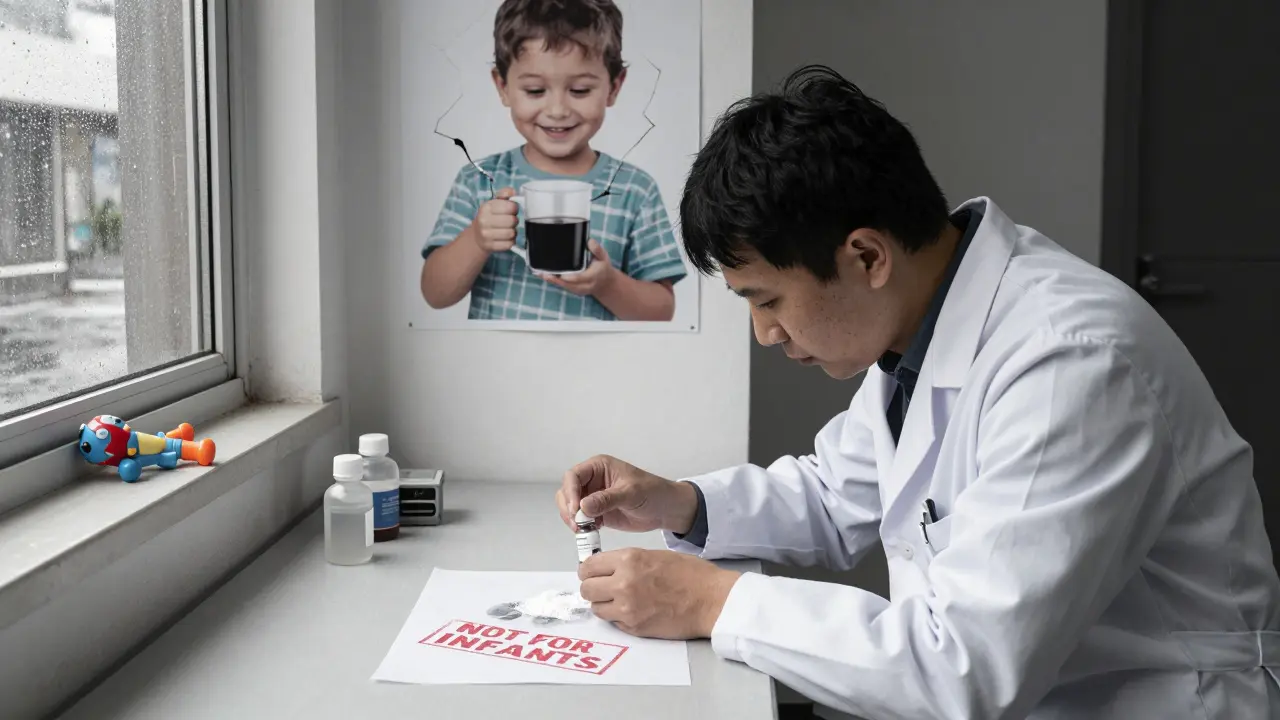 A pharmacist mixing adult medication with ethanol, a cracked poster of a smiling child behind, rain outside window.