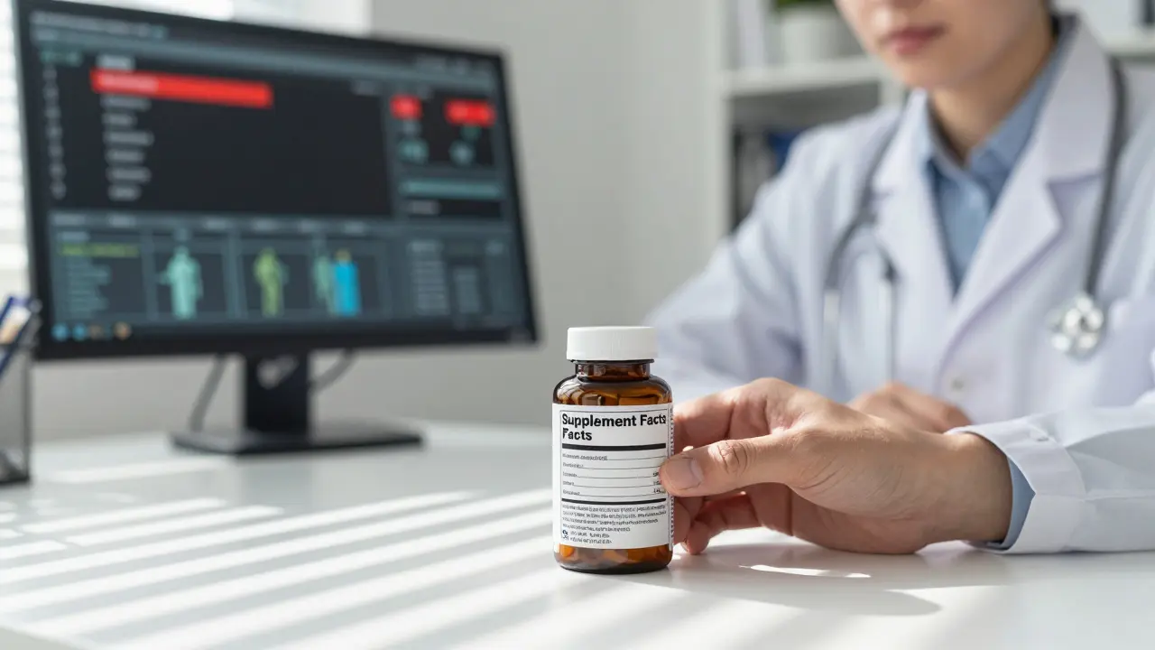 A supplement bottle placed on a doctor’s desk with EHR screen showing an interaction alert.