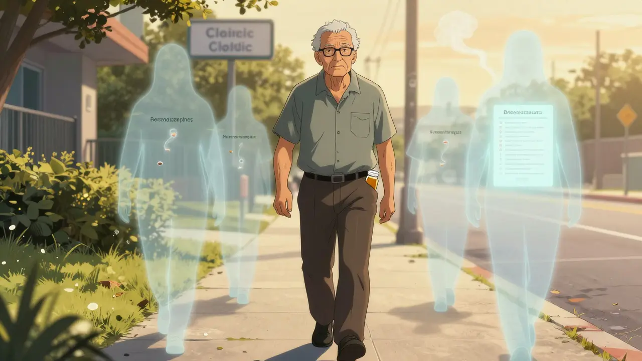 An older adult walking confidently, leaving behind ghostly shapes of unnecessary drugs, as sunlight shines ahead.