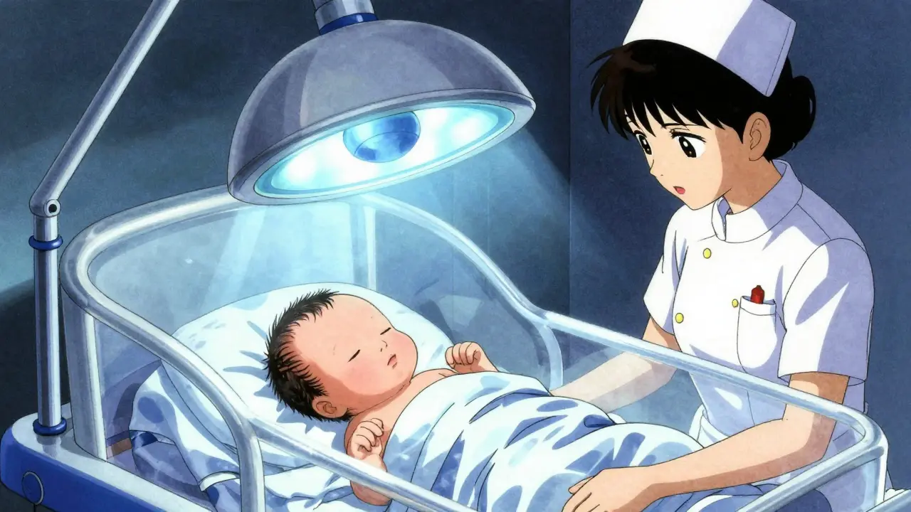 Baby sleeping under blue phototherapy light with nurse guarding