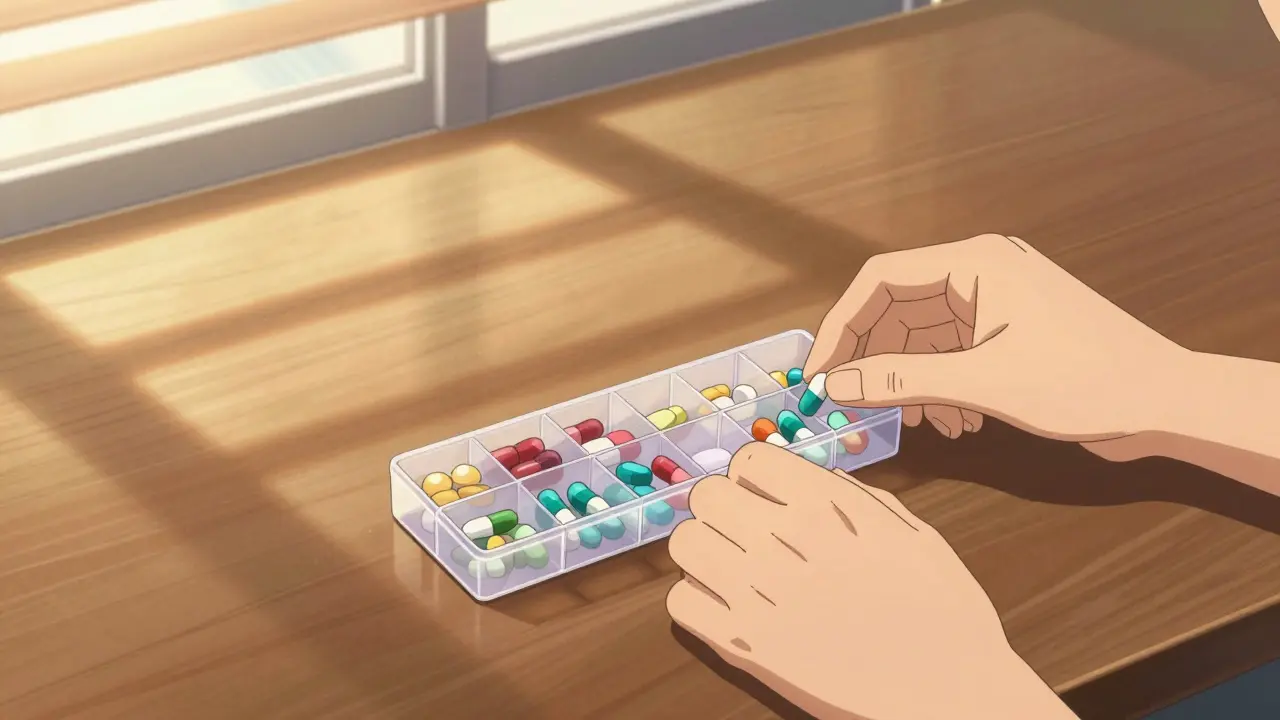 Calm hands organizing pills into compartmentalized box in morning sunlight