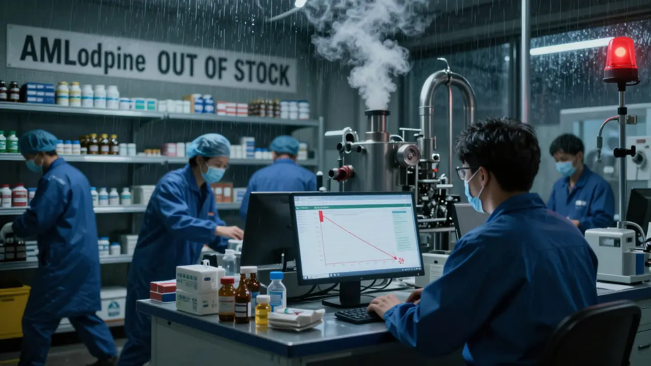 Empty shelves in a Chinese factory labeled 'Amlodipine Out of Stock,' with workers and price drop graphs in the background.