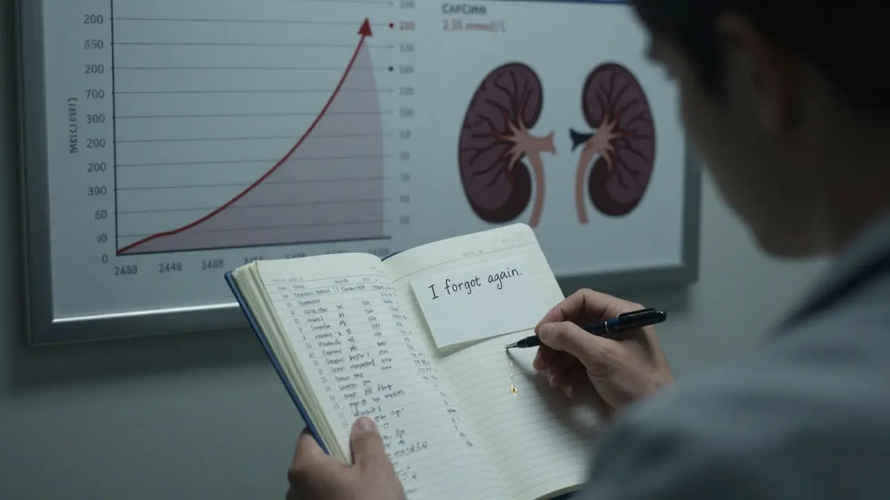 Endocrinologist reviewing a patient's detailed logbook with a chart showing long-term calcium spikes and organ calcifications.