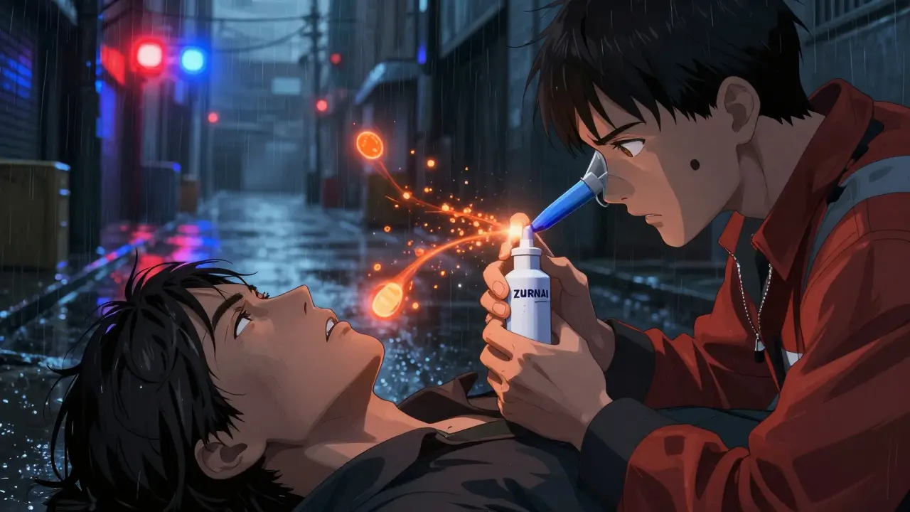 First responder giving nasal opioid overdose reversal spray in a rainy alley at night.