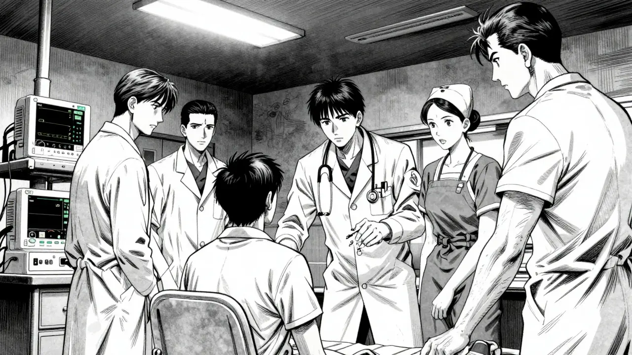 Medical team assessing patient during emergency psychiatric evaluation